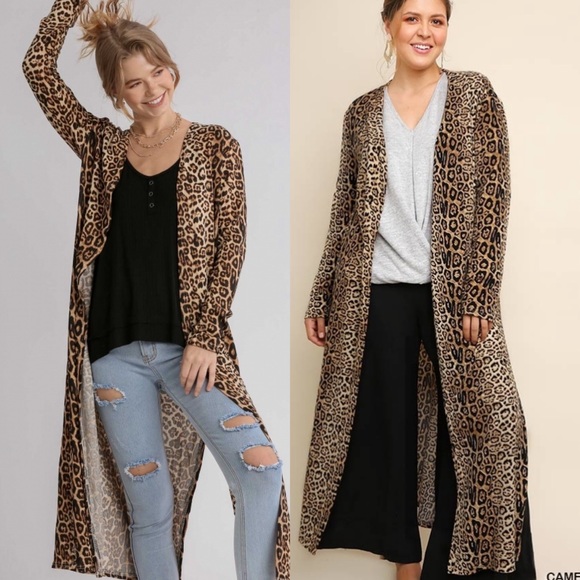 NWT Umgee Jaguar Print Open Front Long Body Cardigan with Side Slits - Picture 3 of 11